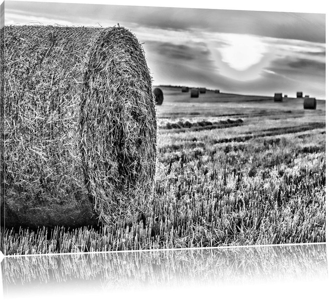 Pixxprint Strohballen auf Feld / 100x70cm Leinwandbild bespannt auf Holzrahmen/Wandbild Kunstdruck D
