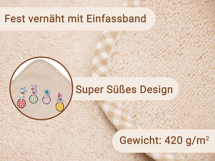 ZOLLNER Baby Kapuzenbadetuch, Kapuzenhandtuch, 100x100 cm, Baumwolle, beige, Beige