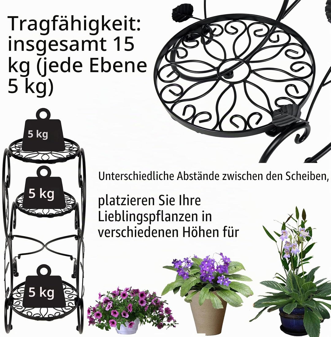 HLC - Blumentreppe aus Metall, 3 Ständer, S-förmig, Schwarz, Schwarz