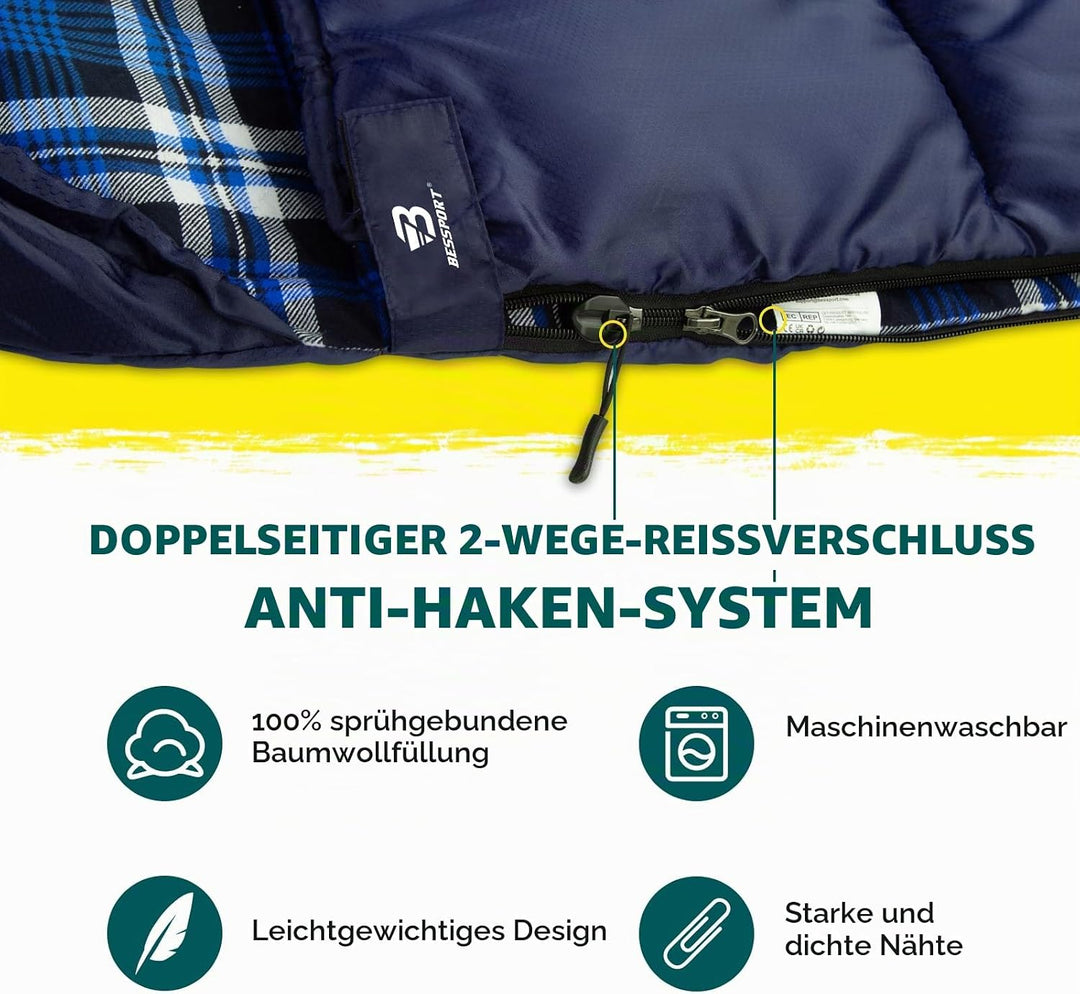Bessport Schlafsack Flannel für Camping 3-4 Jahreszeiten - 10 °C-20°C | Winter Schlafsack Leichtgewi