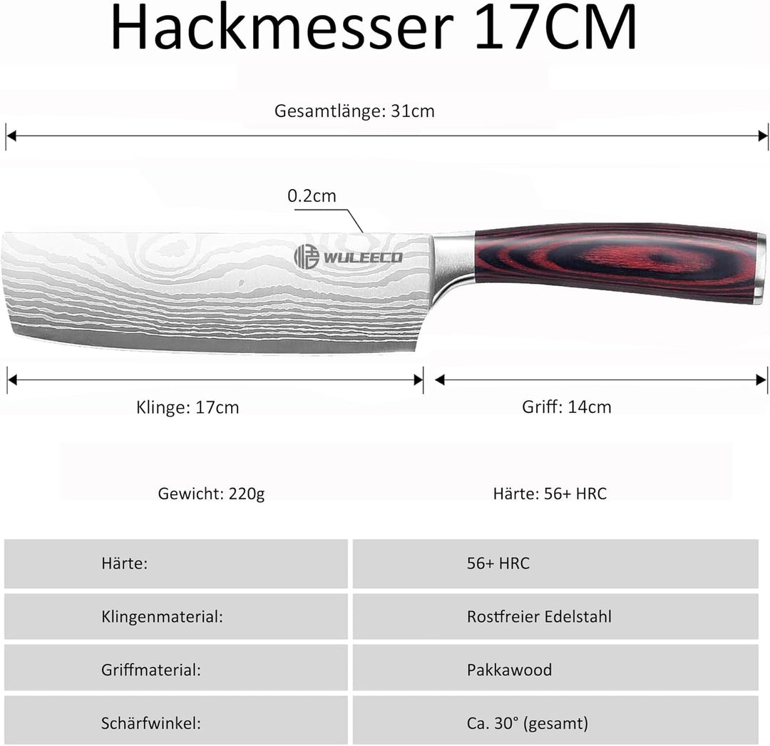 Küchenmesser Hackmesser 18 cm, Japanisches Nakiri Messer, Profi Kochmesser Fleischmesser aus Hochwer