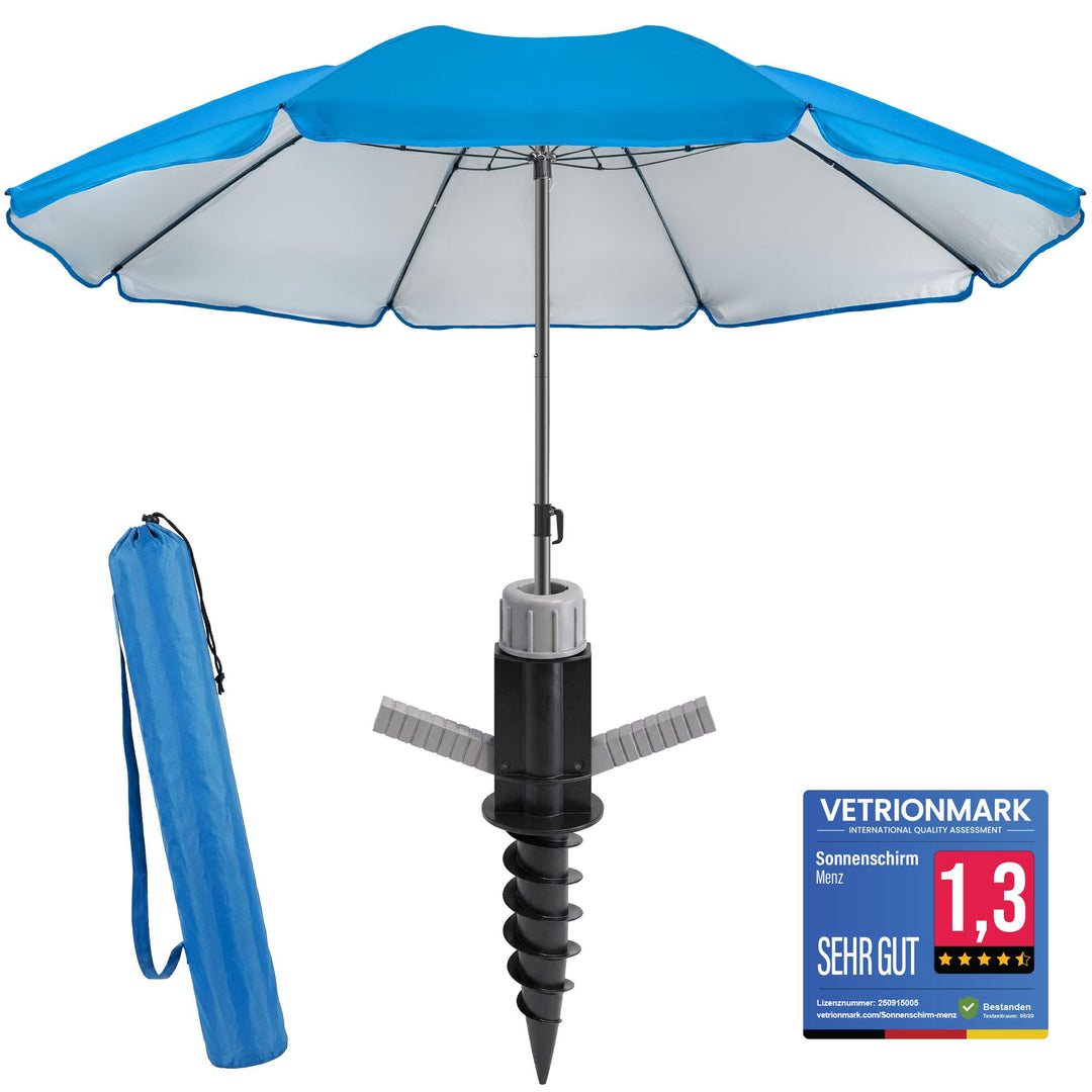 4smile Sonnenschirm Strand SunnyJoy 3-IN-1-SET, Fb. Blau - Strandschirm Ø 180 cm + Bodenhülse + Schu