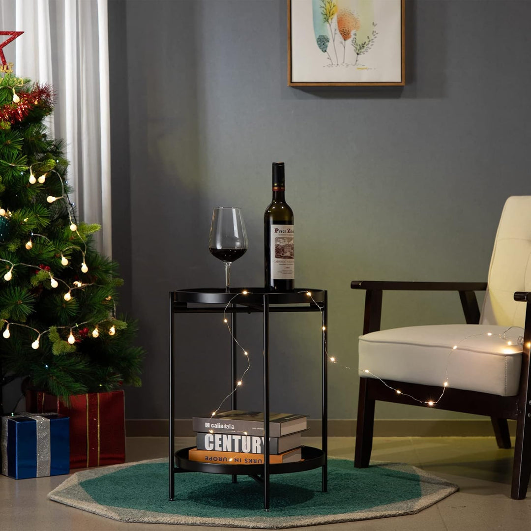 HollyHOME Runder Beistelltisch, 2 Ebenen Beistelltisch Metalltablett, Snacktisch, Couchtisch, Teetis