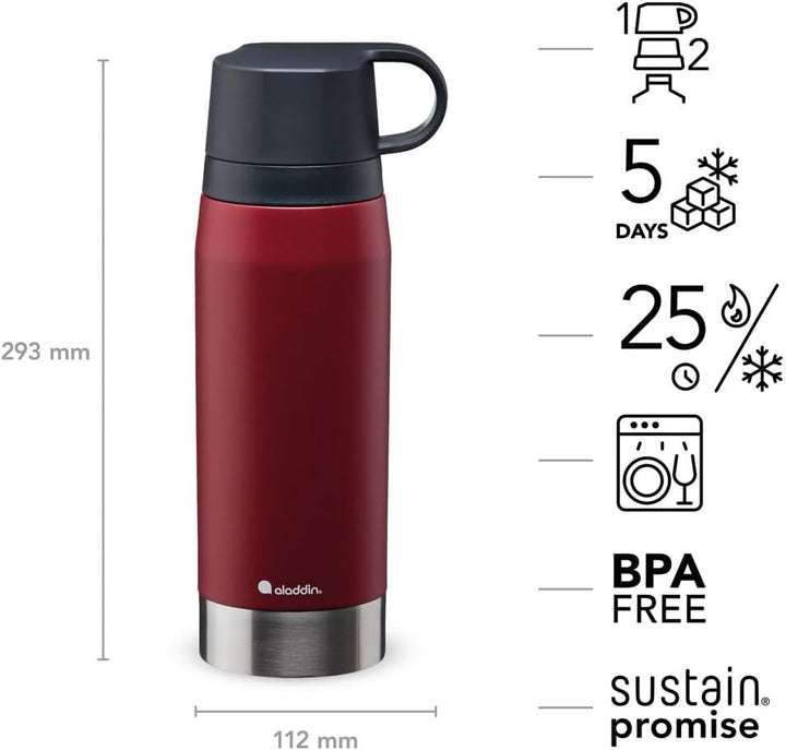 Aladdin CityPark Thermavac Twin Cup Bottle 1.1L Burgundy Red – BPA FREE Stainless Steel Bottle with