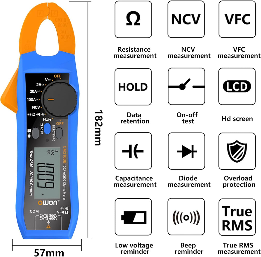OWON CM2100B Digitales Zangenmessgerät Bluetooth Smart Electrical Tester 600V AC/DC True RMS VFC Dio