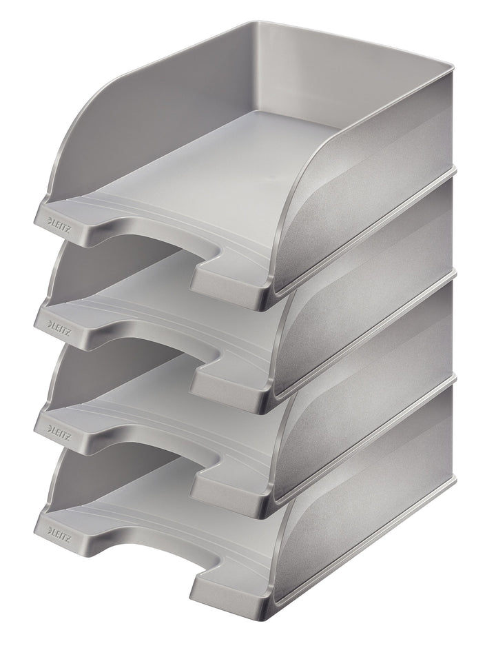 Leitz Briefkorb A4 Jumbo, 4er Pack, Silber, Mit extragrossem Fassungsvermögen, Plus Serie, 52330084