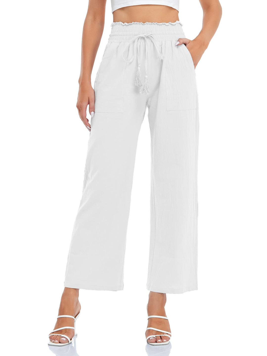 Famulily Leinenhose Damen Sommer Weites Bein High Waist Palazzo Freizeithose Stoffhose Yogahose Mit