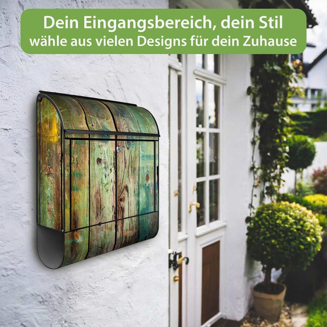 banjado® Design Briefkasten mit Motiv Grünes Holz 39x47x14cm &amp; 2 Schlüssel - Briefkasten Stahl schwa