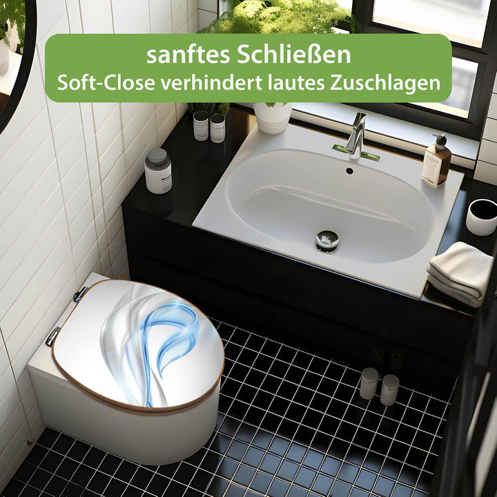 banjado® Design WC Sitz Bambus Absenkautomatik mit Motiv Blauer Schleier/Toilettendeckel mit Absenka