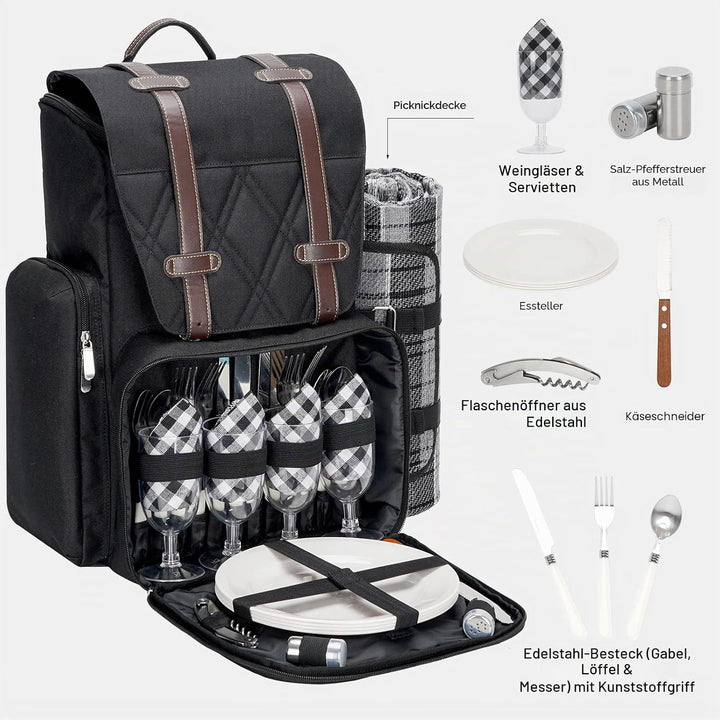 Picknick-Rucksack für 4 Personen mit grosser isolierter Kühltasche, Picknickkorb-Set mit Weinbeutel,