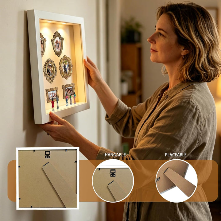 YOUYIKE Mini Museum Bilderrahmen mit LED Licht, DIY Weisser Rand Museum of us mit 8 Mini Gold Kleine