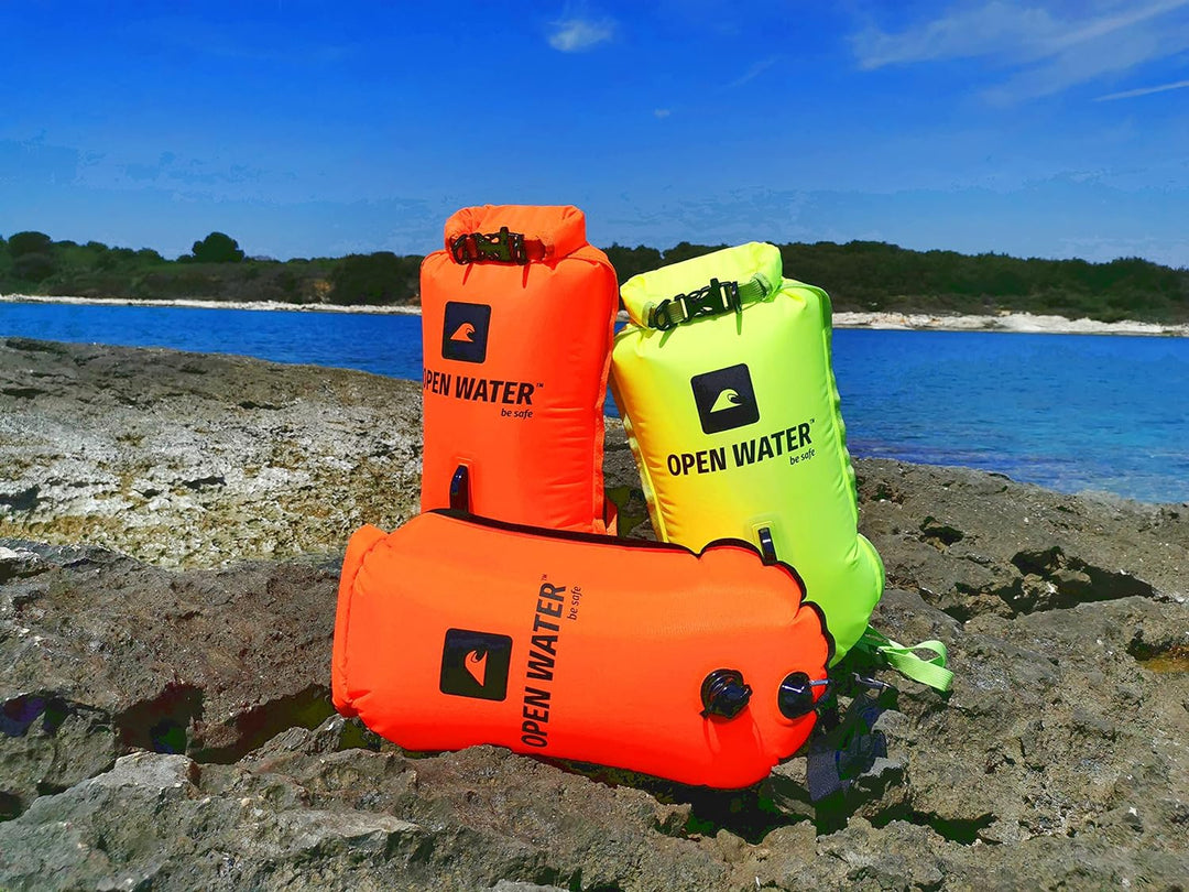 OPENWATER aufblasbare Schwimmboje und 3-in-1-Rucksack — grosse Boje mit Trockentasche für Dinge 28L