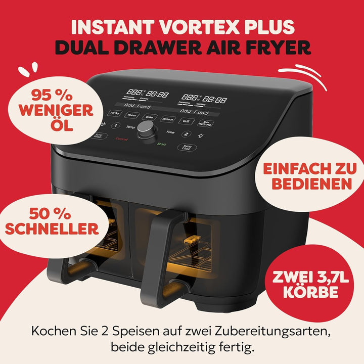 Instant Vortex Plus Doppelkorb mit ClearCook - 7.6L Digitale Heissluftfritteuse, Schwarz, 8-in-1 Sma