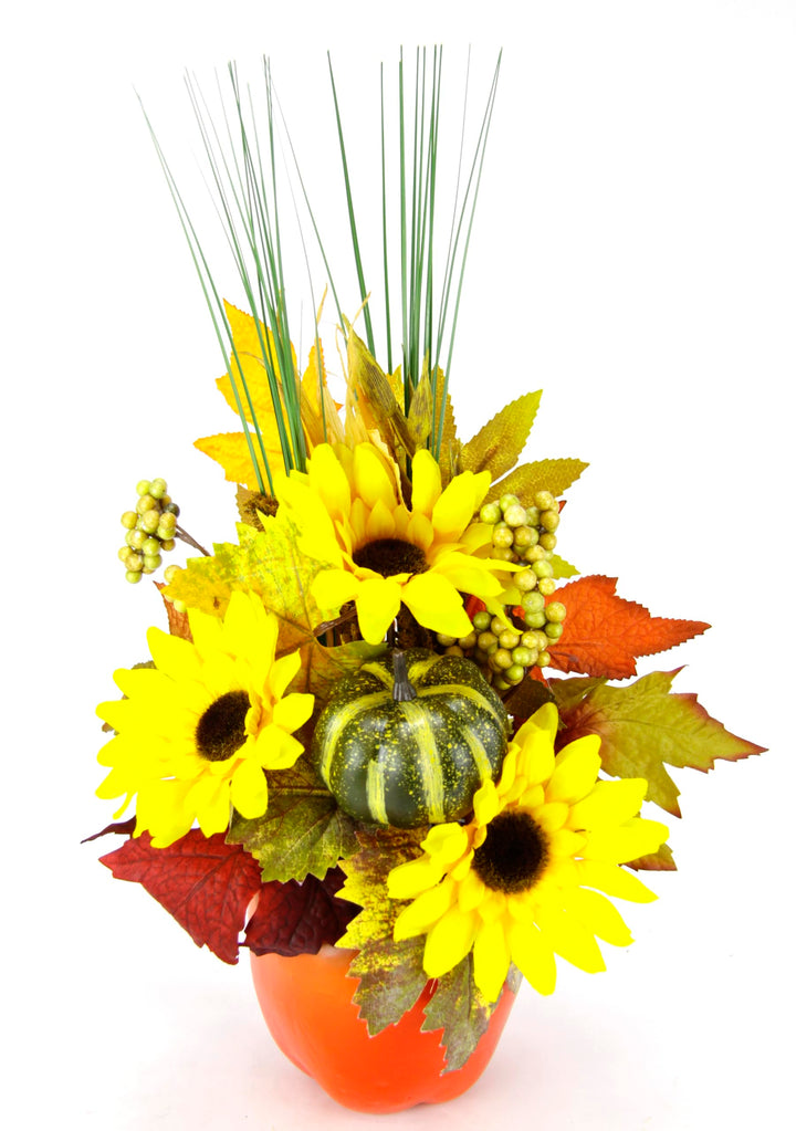Gesteck aus Sonnenblumen mit Kürbis im Apfel-Topf Kunstblumen Arrangement Künstlich Deko Tischdeko H