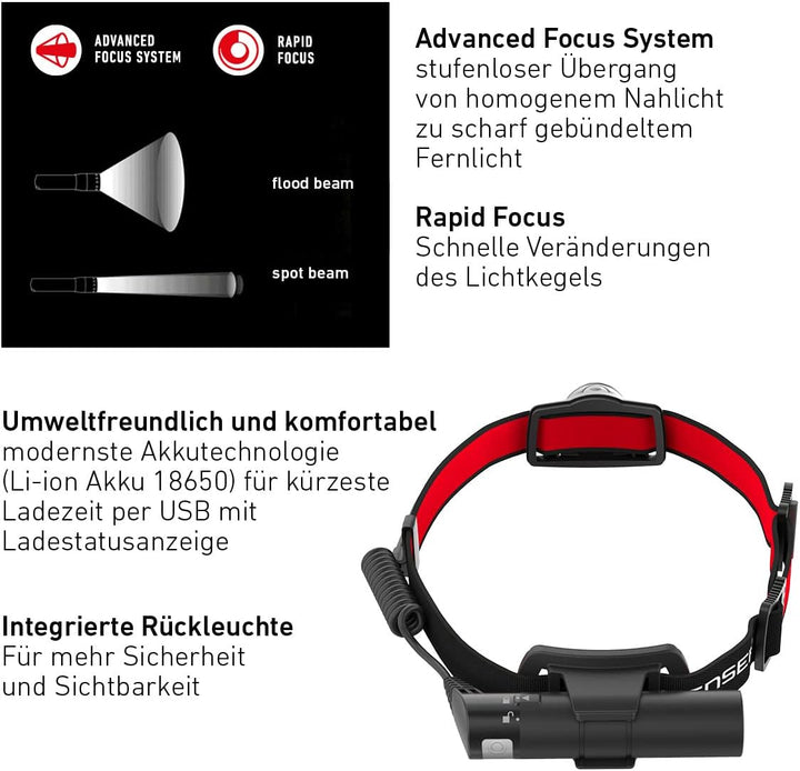 Ledlenser H8R, LED Stirnlampe, 600 Lumen, bis zu 120h Laufzeit, rotes Rücklicht, inkl. Akku, aufladb