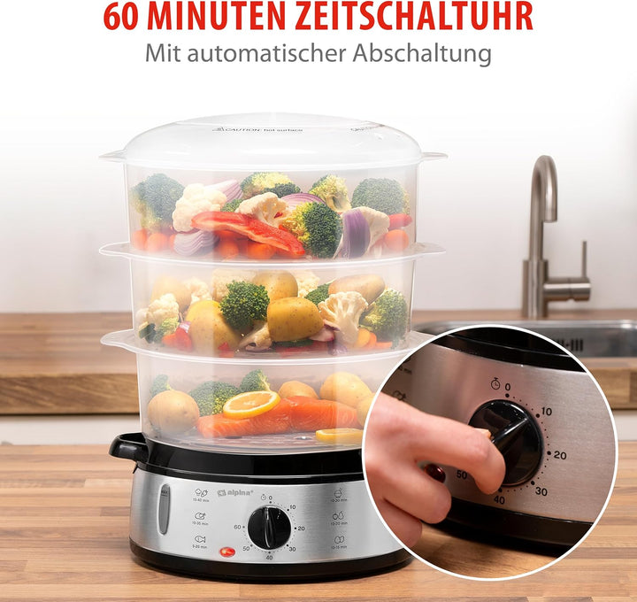 alpina Dampfgarer Elektrisch 800W - 3 Schicht Dampfgarer Baby BPA Frei - Reiskocher Spülmaschinenfes