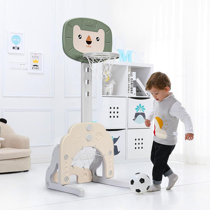HOMASIS 3 in 1 Kinder Basketballkorb Set, multifunktionaler Basketballständer mit Fussballtor & Golf