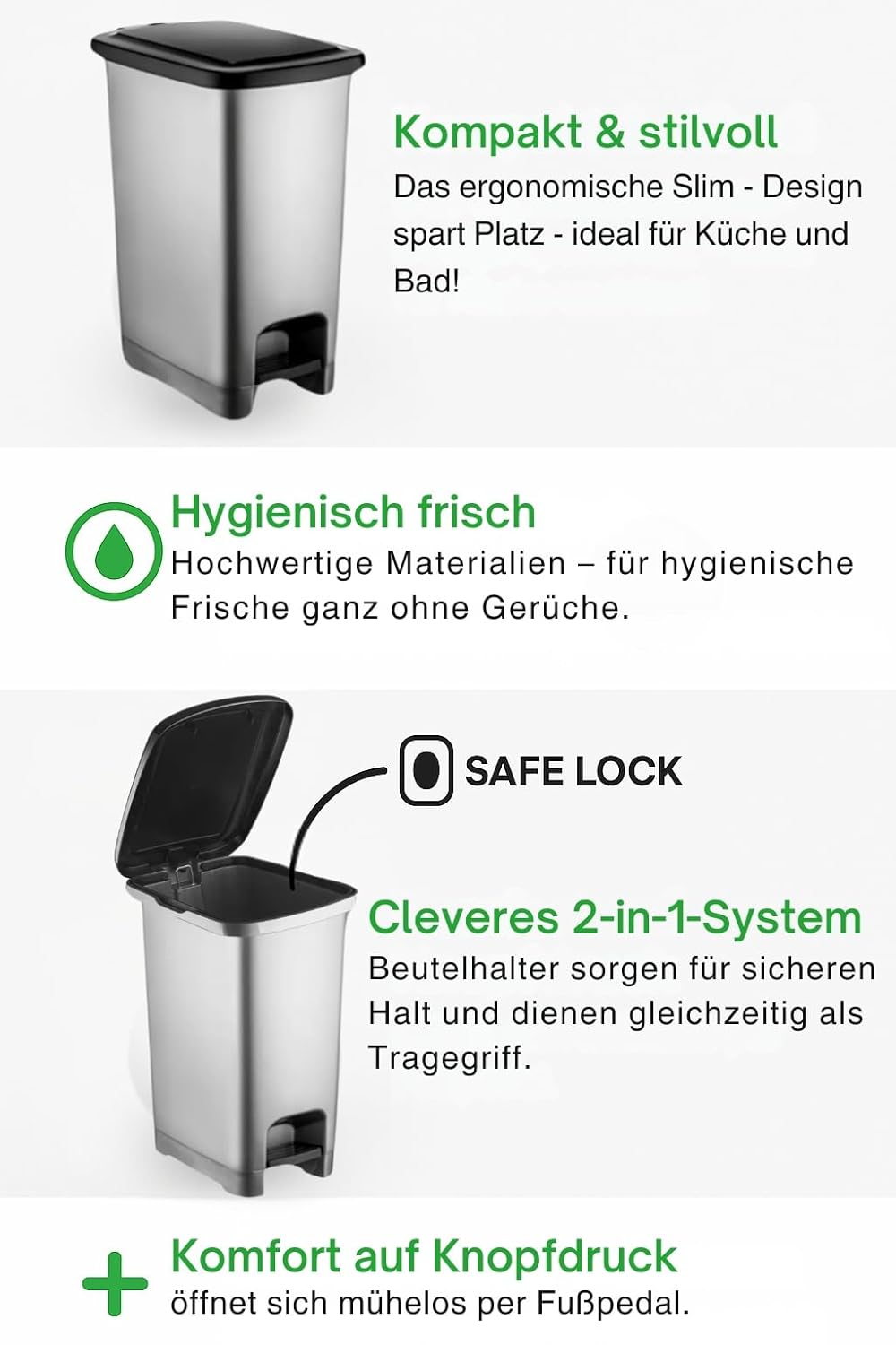 15L Tretmülleimer mit Deckel – Slim Design, BPA-frei – Abfalleimer mit Fusspedal &amp; Beutelhalterung –
