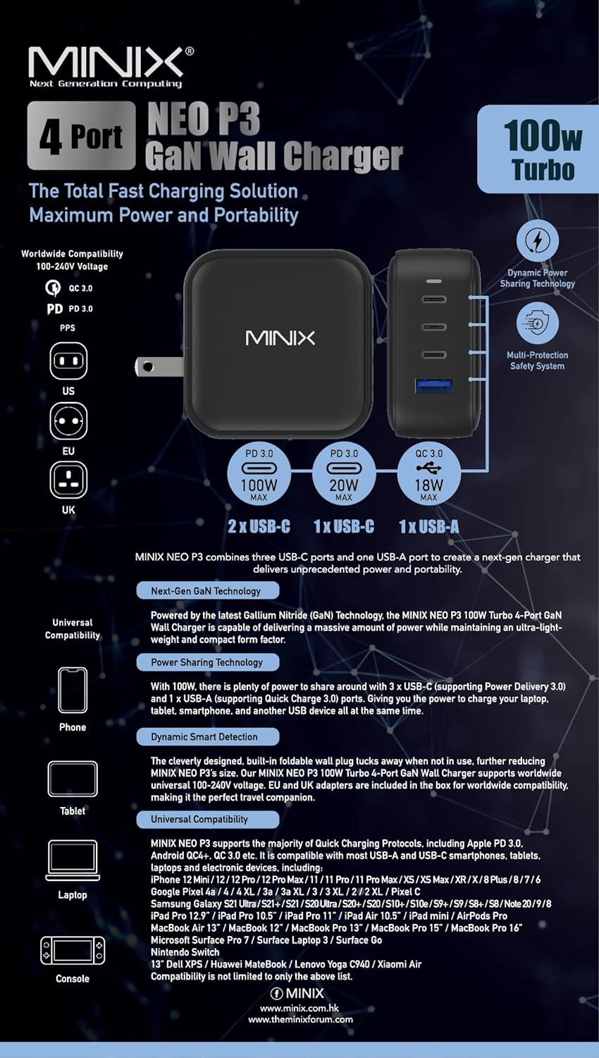 MiniX NEO P3 100W Turbo 4-Ports GaN Wall Charger, 3 x USB-C Port Fast Charging Adapter(Max 100W/20W)