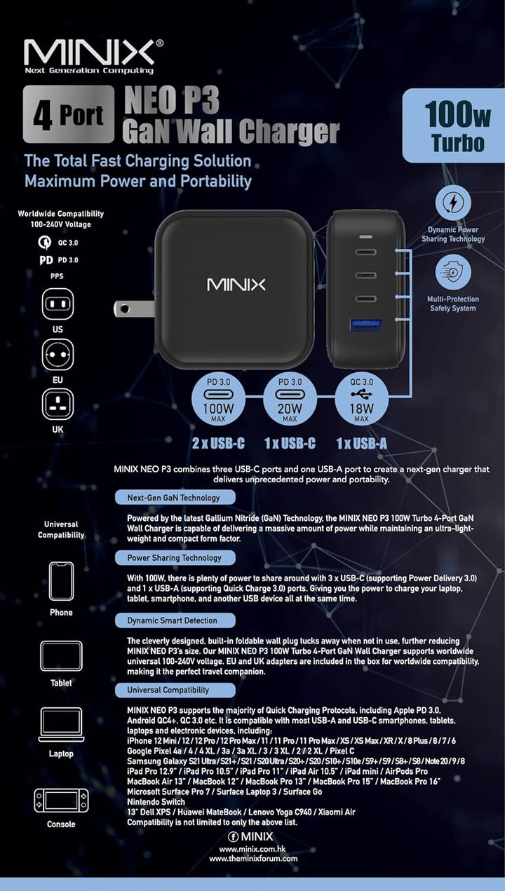 MiniX NEO P3 100W Turbo 4-Ports GaN Wall Charger, 3 x USB-C Port Fast Charging Adapter(Max 100W/20W)