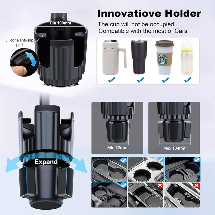Getränkehalter Handyhalterung, 2-in-1 Universal-Getränkehalter-Expander mit langem Arm, 360° drehbar