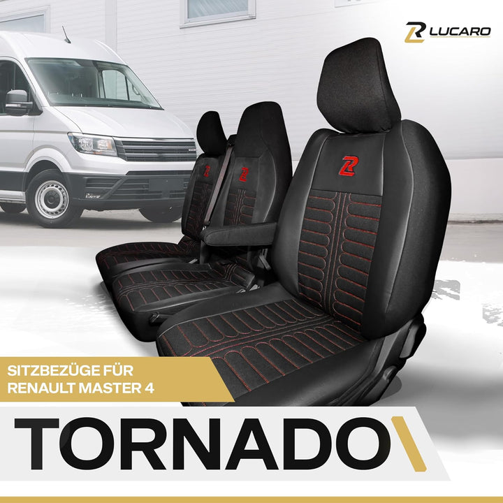 LUCARO Sitzbezüge Auto Set Tornado für Renault Master 4, Nissan Interstar 3 Rot Rückenlehne und Sitz