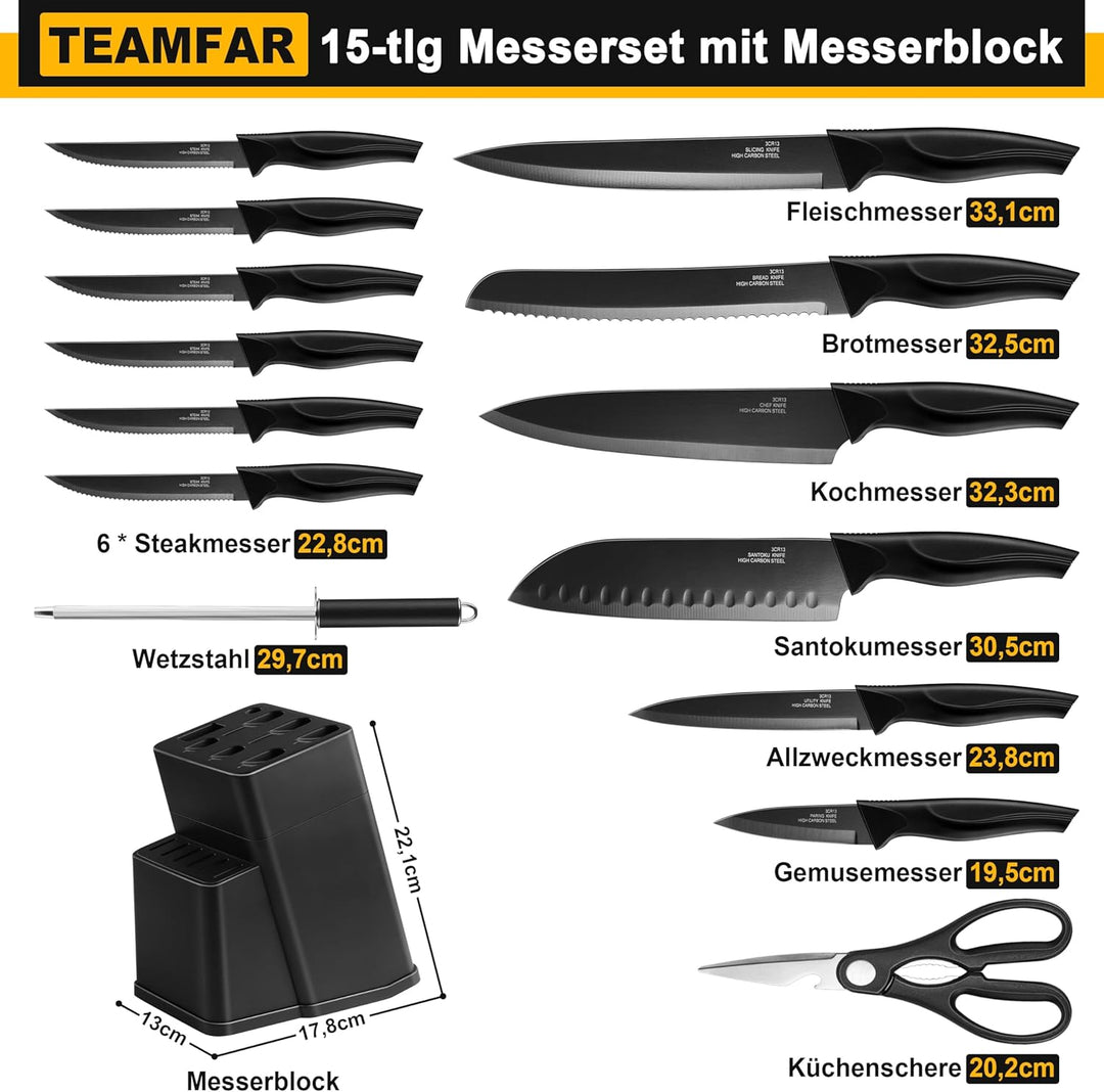TEAMFAR Messerblock mit Messerset, 15-teilig Edelstahl küchenmesser Set mit Wetzstahl, Messerblock m