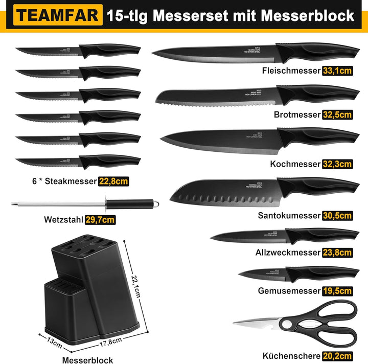 TEAMFAR Messerblock mit Messerset, 15-teilig Edelstahl küchenmesser Set mit Wetzstahl, Messerblock m