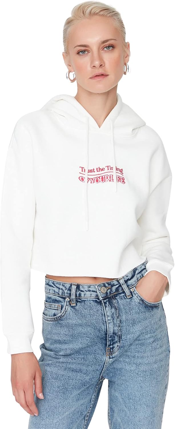 TRENDYOL Damen Hood with Slogan Schnitt Sweatshirt S Ecru, S Ecru