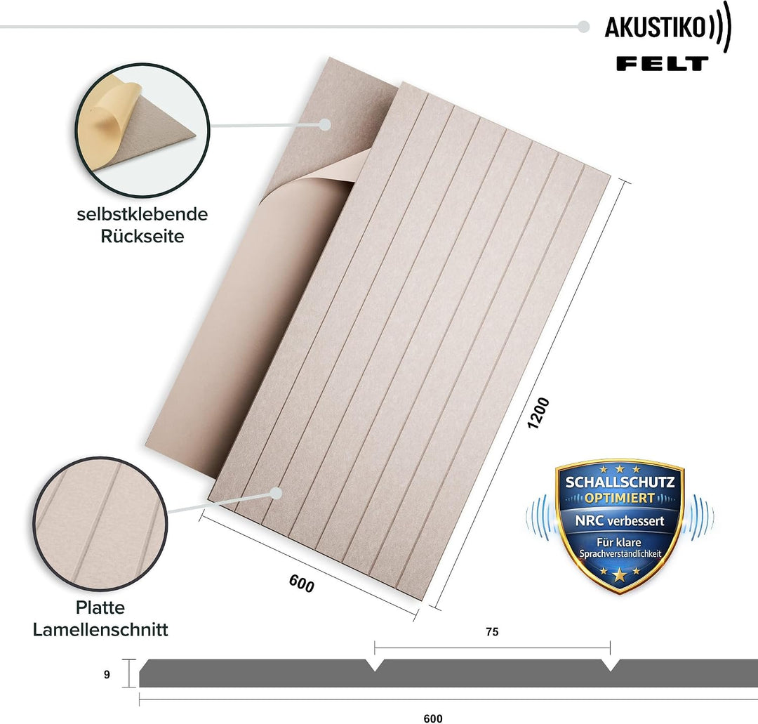 AKUSTIKO Akustikpaneele Selbstklebend 120x60cm - 2 Stück Beige Akustik Wandpaneele Schallschutz &amp; Ra