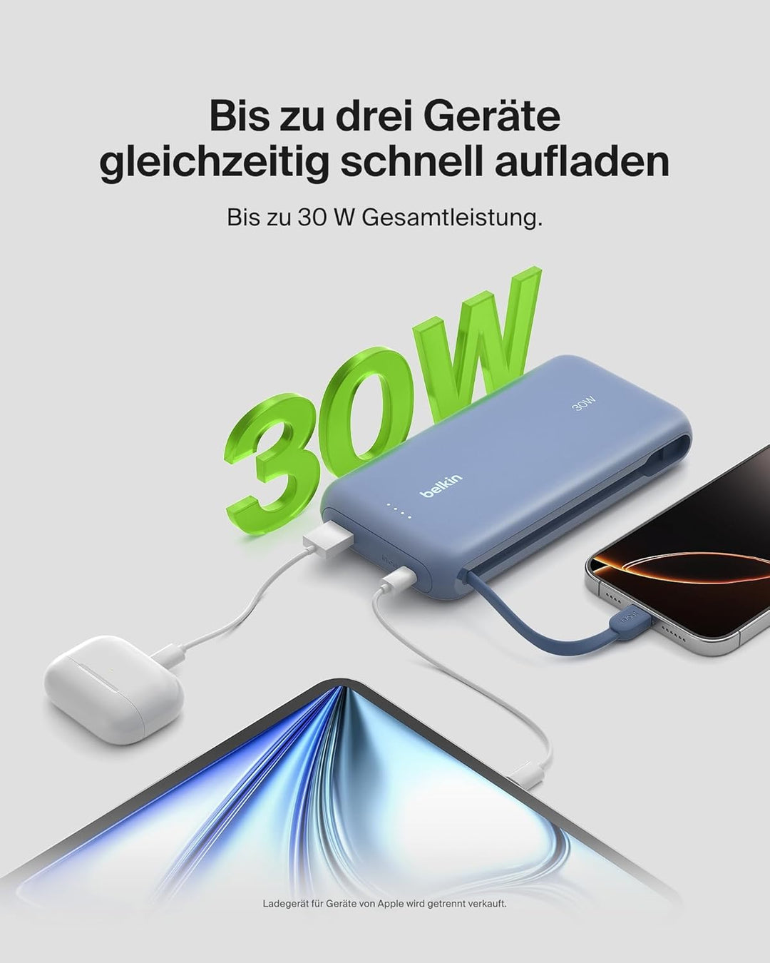 Belkin Portable Powerbank zum Schnellladen mit integriertem Kabel 20K PD 30 W, USB-C Power Delivery,