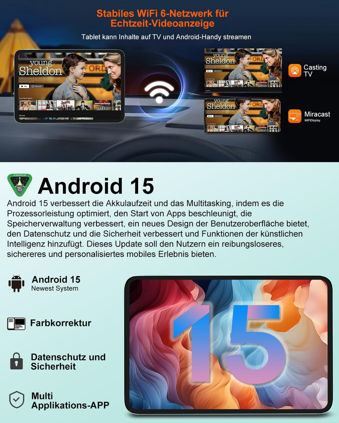 2026 Tablet 10 Zoll, Android 15, Octa-Core, 22 GB RAM + 128 GB ROM (2 TB TF) | WiFi 5G + 2,4G | GPS