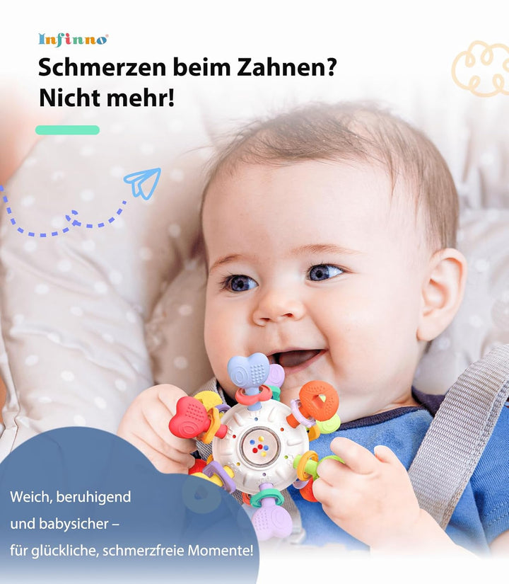 Infinno Baby Greifball & Rassel,BPA-freies Silikon Beissring-Spielzeug für 0-12 Monate, Multifunktio