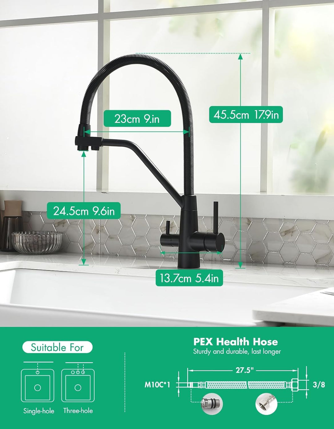 TIMACO 3 Wege Wasserhahn Küche Schwarz,Küchenarmatur-360° Drehbar,mit 3 in 1 Wasserhahn für Wasserfi