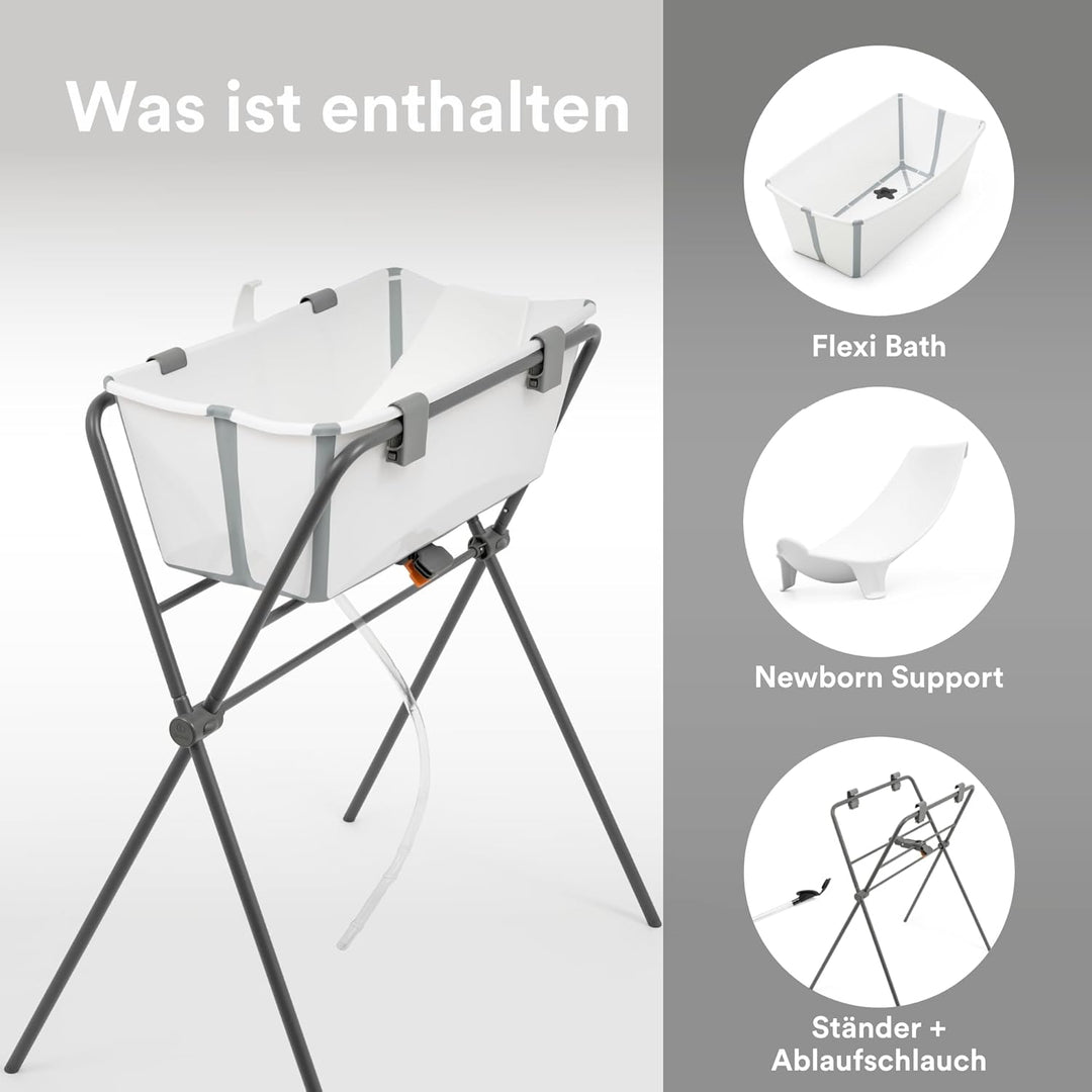 Stokke Flexi Bath (White) + Newborn Support + Flexi Bath Stand - Ideal für Neugeborene & Kinder bis