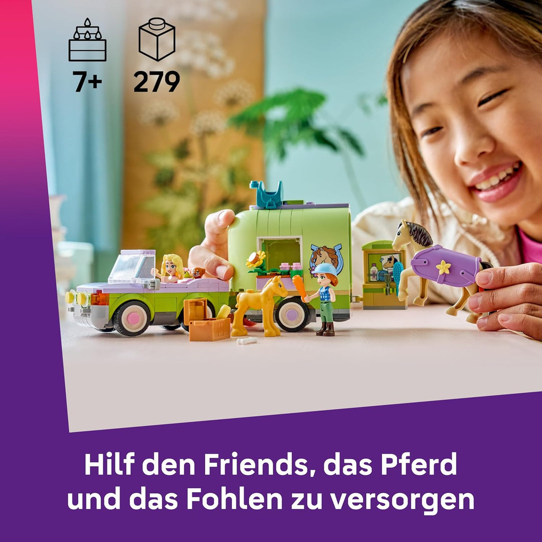 LEGO Friends Pferd und Fohlen mit Pferdeanhänger - Pferde Spielset mit Pflegezubehör, 4 Tierfiguren,