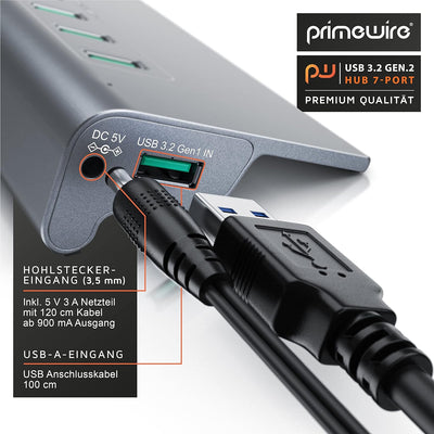 CSL - USB 3.2 Gen2 Hub - 7 Port Verteiler aktiv - 10 Gbit/s – Aktiver Betrieb – mit Netzteil – Metal