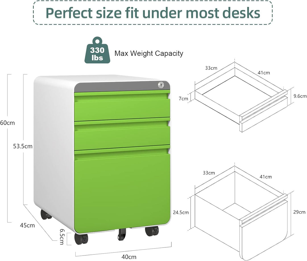 Dripex Metall Rollcontainer Stahl Rollcontainer mit 3 Schubladen und Hängeregistratur Abschliessbare