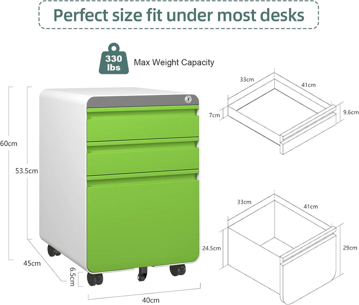 Dripex Metall Rollcontainer Stahl Rollcontainer mit 3 Schubladen und Hängeregistratur Abschliessbare