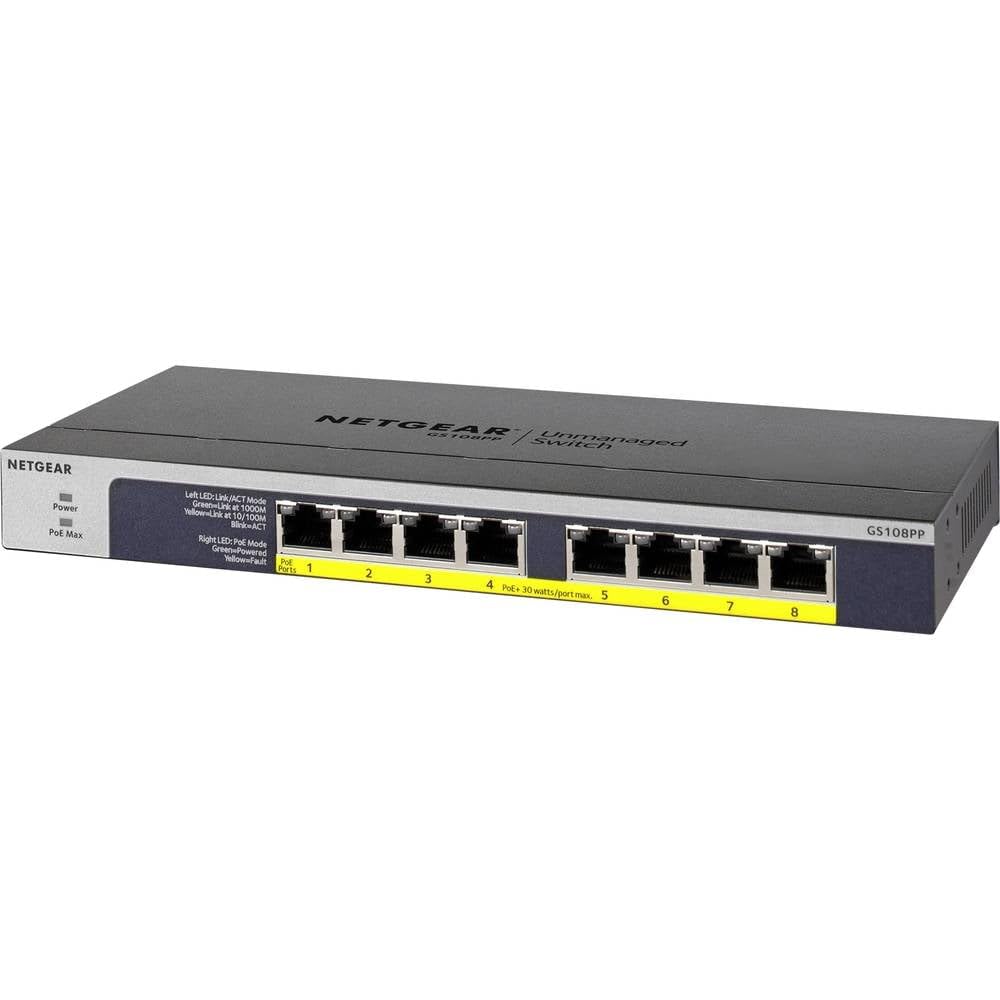 NETGEAR GS108PP PoE Switch 8 Port Gigabit Ethernet LAN Switch mit 8x PoE+ 123W (Plug-and-Play Netzwe