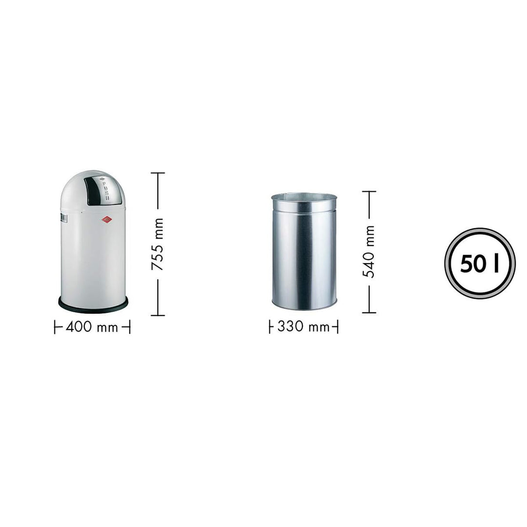 WESCO Pushboy Mülleimer in der Farbe weiss, pulverbeschichtetes Stahlblech, 50 Liter Volumen, grosse