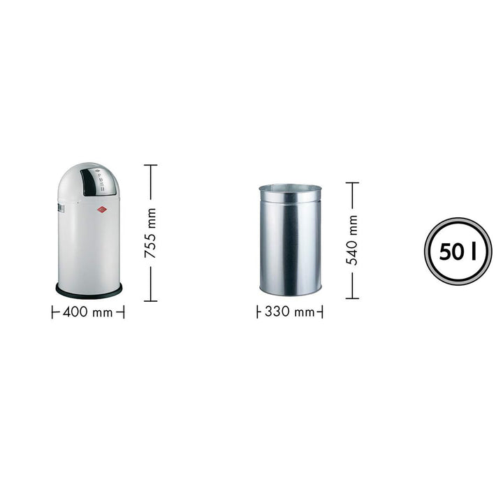 WESCO Pushboy Mülleimer in der Farbe weiss, pulverbeschichtetes Stahlblech, 50 Liter Volumen, grosse