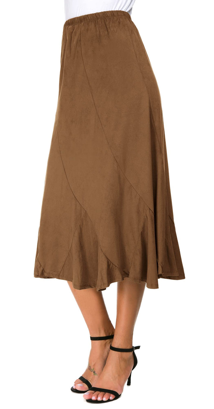 Damen Elegante Elastische Taille Wildleder Lange Midi Röck Casual A-Linie Ausgestellter Swing Rocken