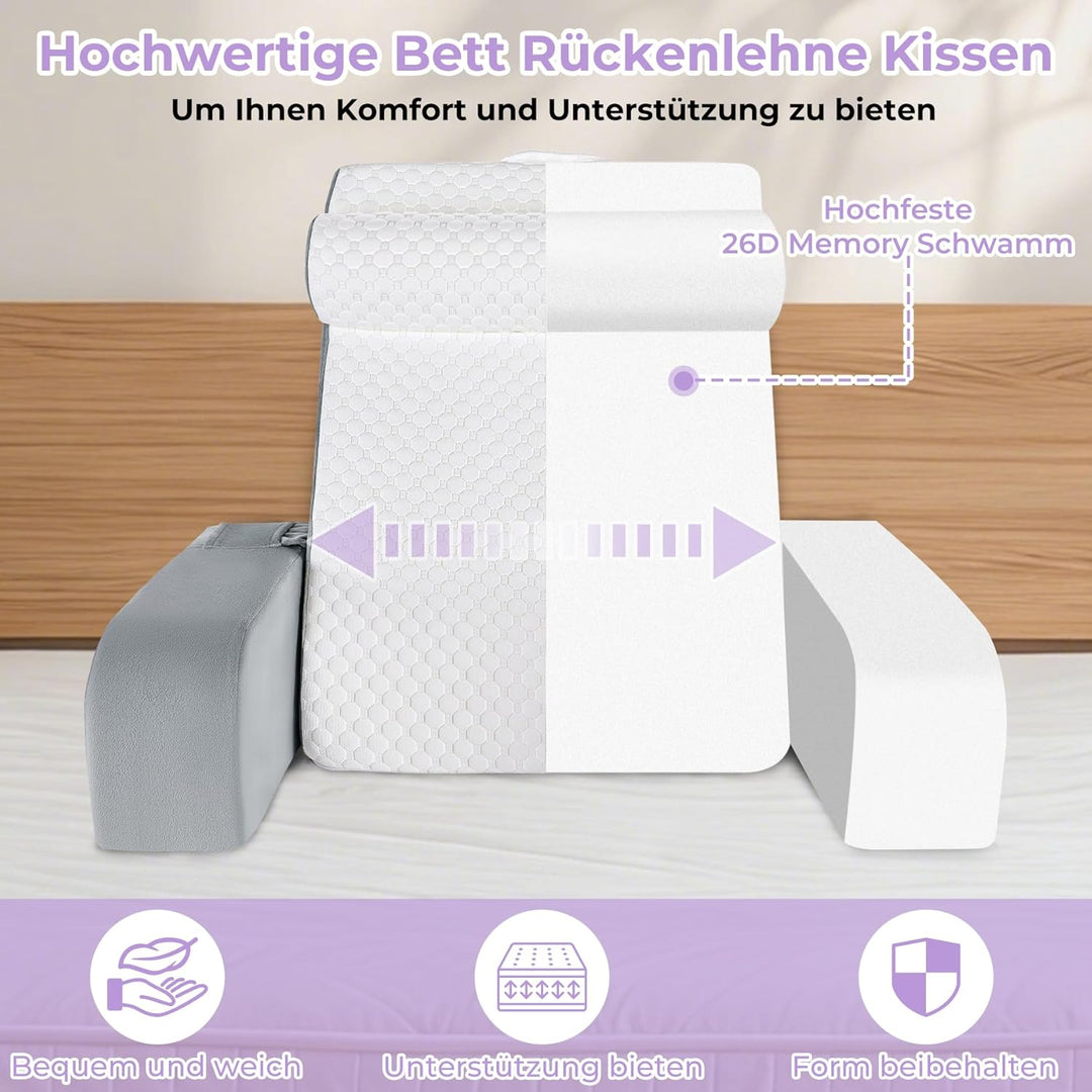 Babenest Gross Lesekissen Bett mit Abnehmbarer Nackenrolle &amp; Armlehne, Ergonomisches Rückenkissen Ko