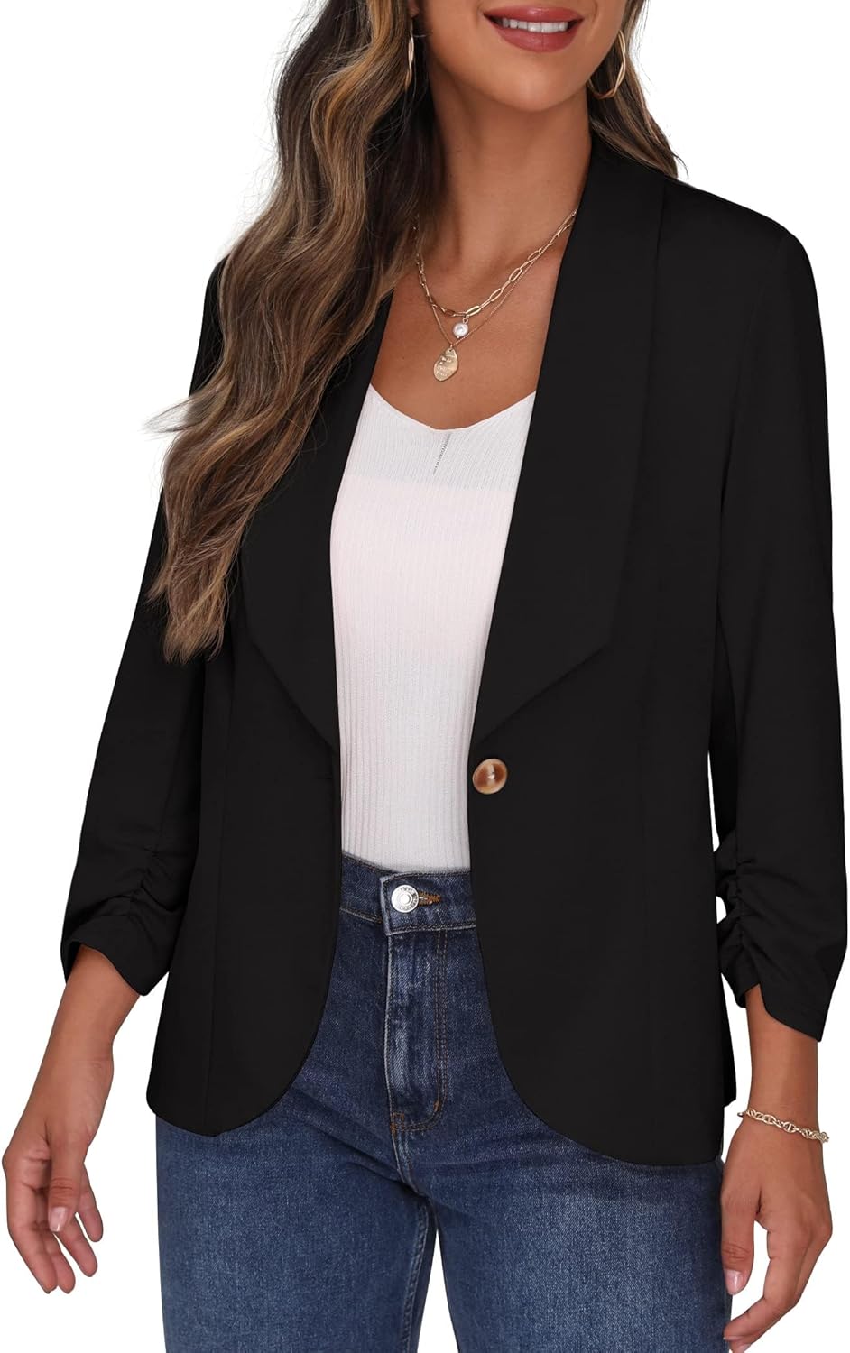 PrinStory Blazer Für Damen 3/4 Geraffte Ärmel Blazer Geschäft Büro Blazer Anzug Sportlich Jack Trenc