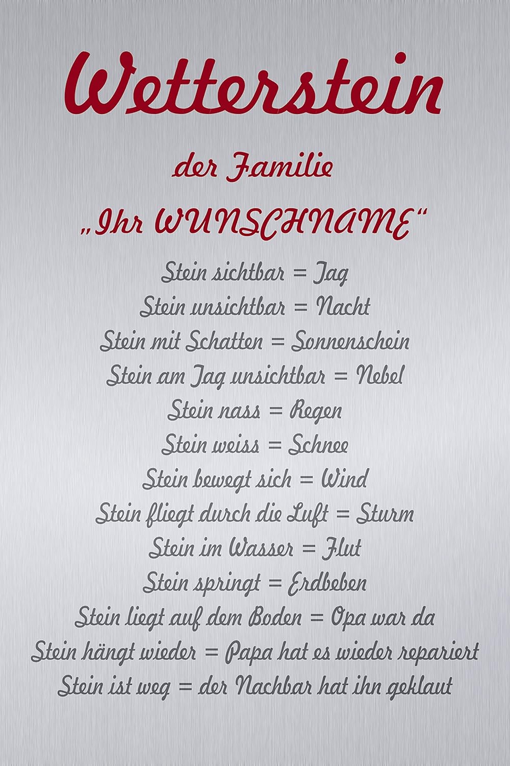 Melis Folienwerkstatt Schild - Wetter-Stein Familie - 60x40cm | Bohrlöcher | 3mm Aluverbund – S00352