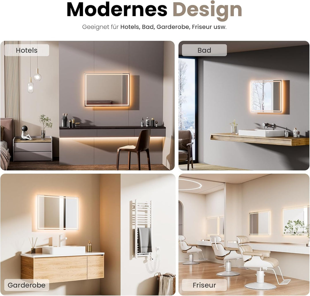EMKE LED Badspiegel 80x60cm Badspiegel mit Beleuchtung Warmweiss Lichtspiegel Badezimmerspiegel Wand