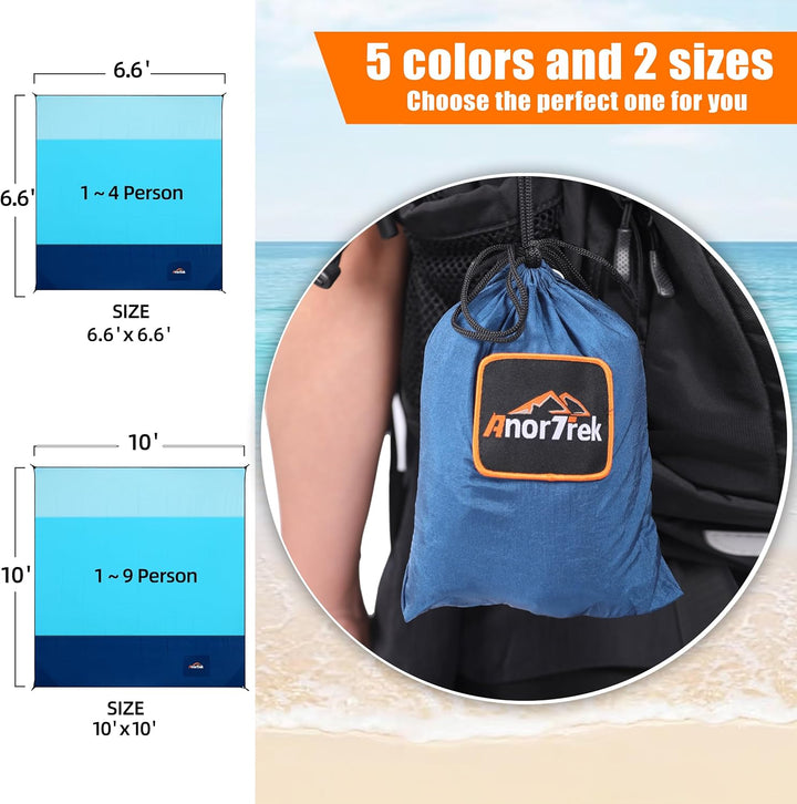 AnorTrek Sandfreie Stranddecke XL 200x200cm - Ultraleicht, Schnelltrocknend & Spritzwassergeschützt,