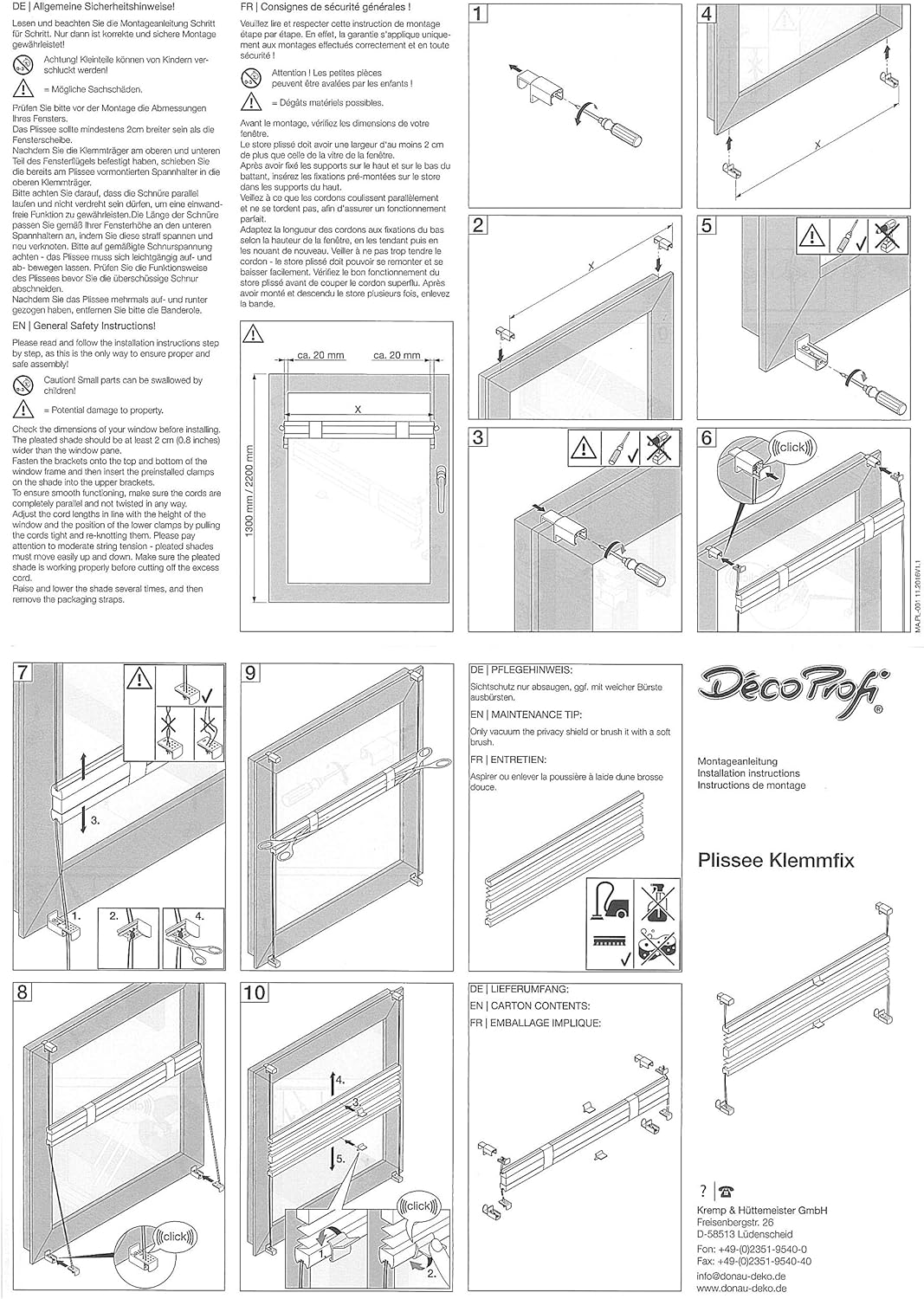DécoProfi Plissee ohne Bohren Grau 65cm x 220cm (max. Gesamthöhe Fensterflügel) I Verspannte Plissee