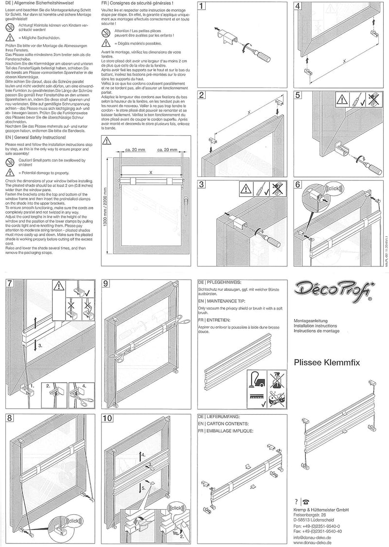 DécoProfi Plissee ohne Bohren Grau 70cm x 220cm (max. Gesamthöhe Fensterflügel) I Verspannte Plissee
